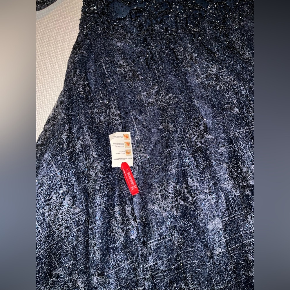 Mac Duggal Navy Blue Beaded Lace Maxi Gown - Picture 13 of 15